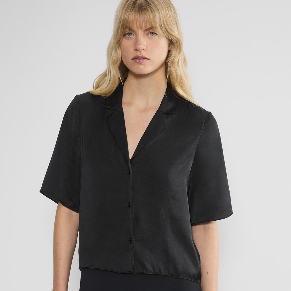 Aritzia | Wilfred | Beso Shirt Black Satin Camp Collar Size XL